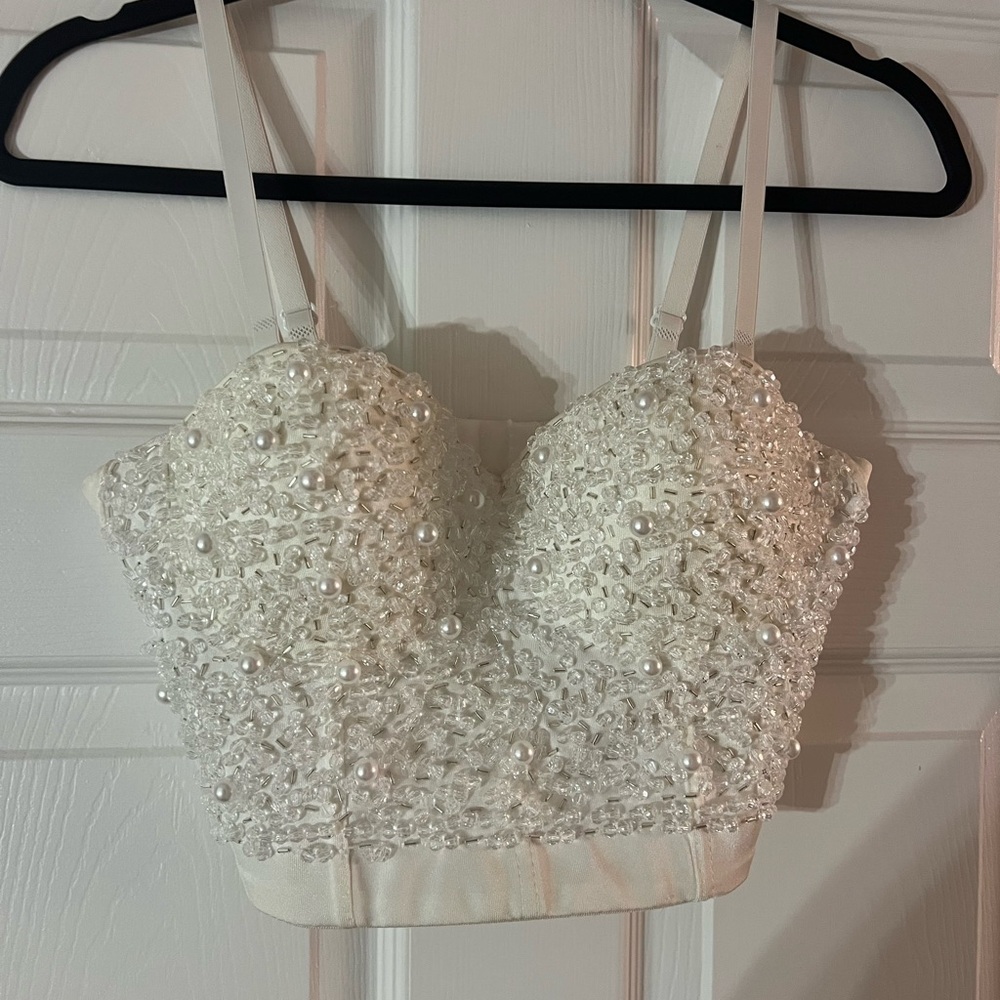 Embellished White Beaded Spaghetti Strap top - Picture 3 of 4